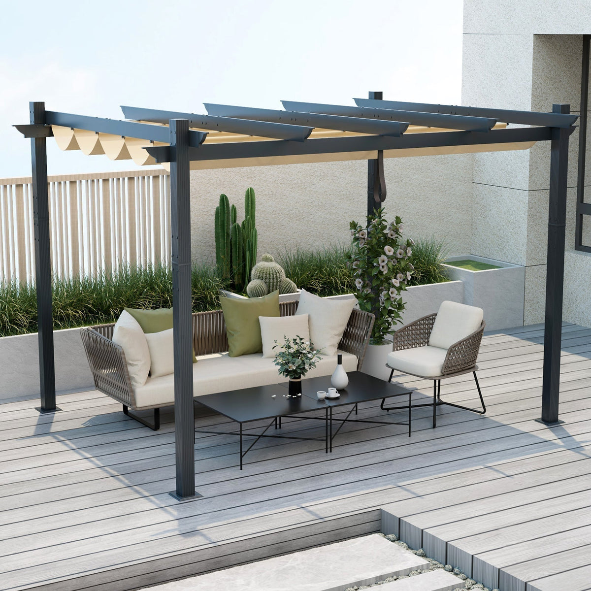 10 x 12 Feet Outdoor Aluminum Retractable Pergola Canopy Shelter Grape Trellis (Coffee)