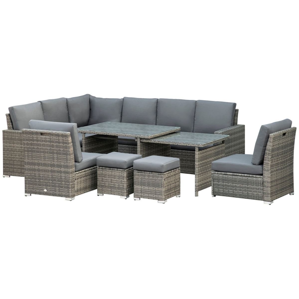 10 Seater Rattan Corner Sofa Set with Expandable Table and Nesting Chairs, Grey