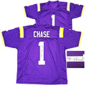 LSU Tigers Ja'Marr Chase Autographed Purple Jersey Beckett BAS Witness Stock #220609