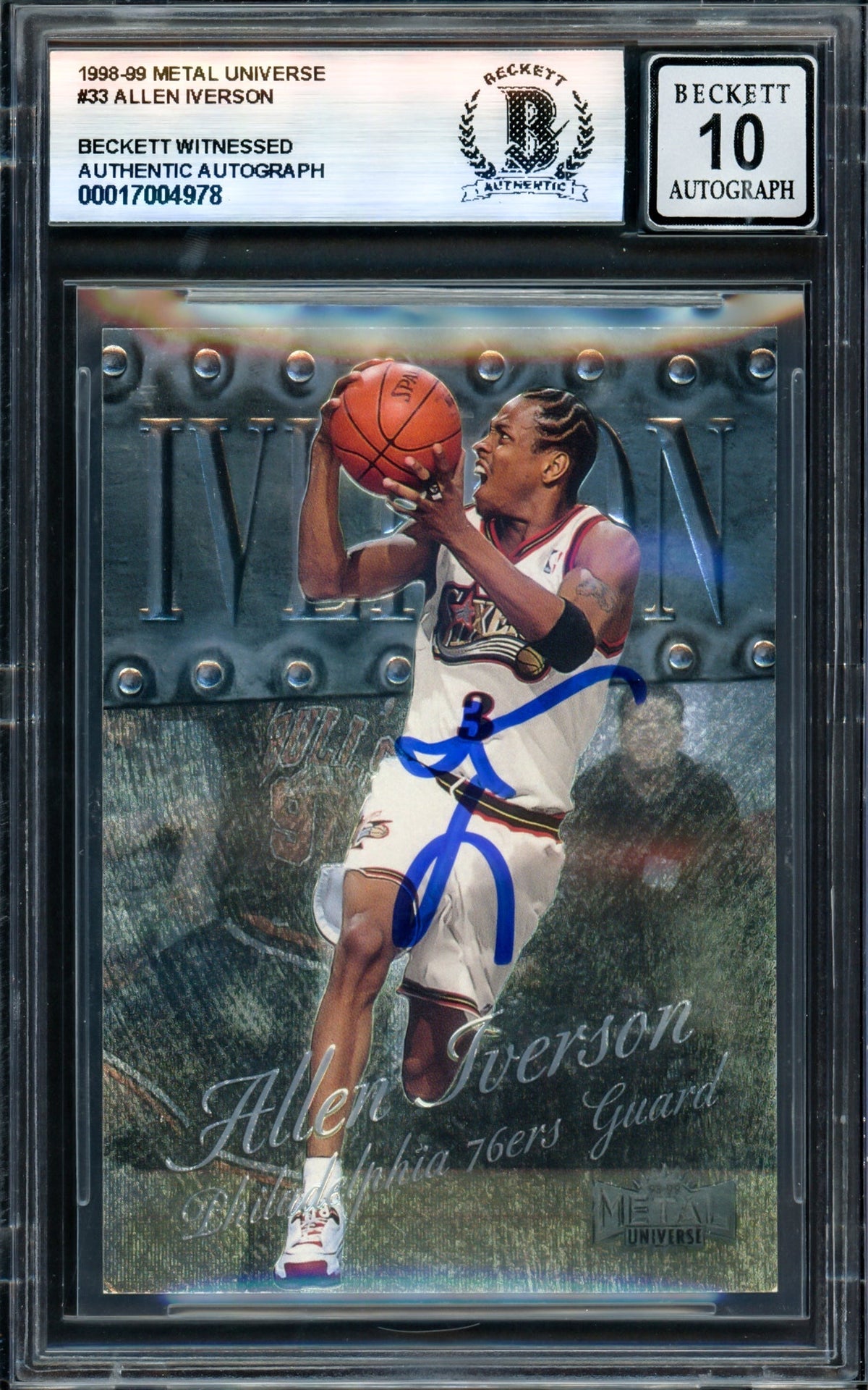 Allen Iverson Autographed 1998-99 Metal Universe Card #33 Philadelphia 76ers Auto Grade Gem Mint 10 Beckett BAS Witness #17004978