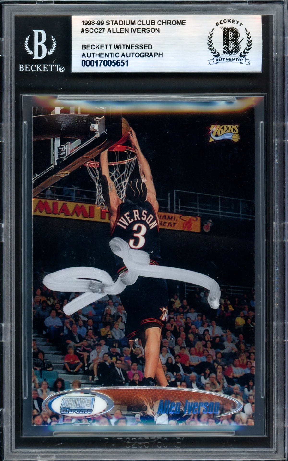 Allen Iverson Autographed 1998-99 Stadium Club Chrome Card #27 Philadelphia 76ers Beckett BAS Witness #17005651