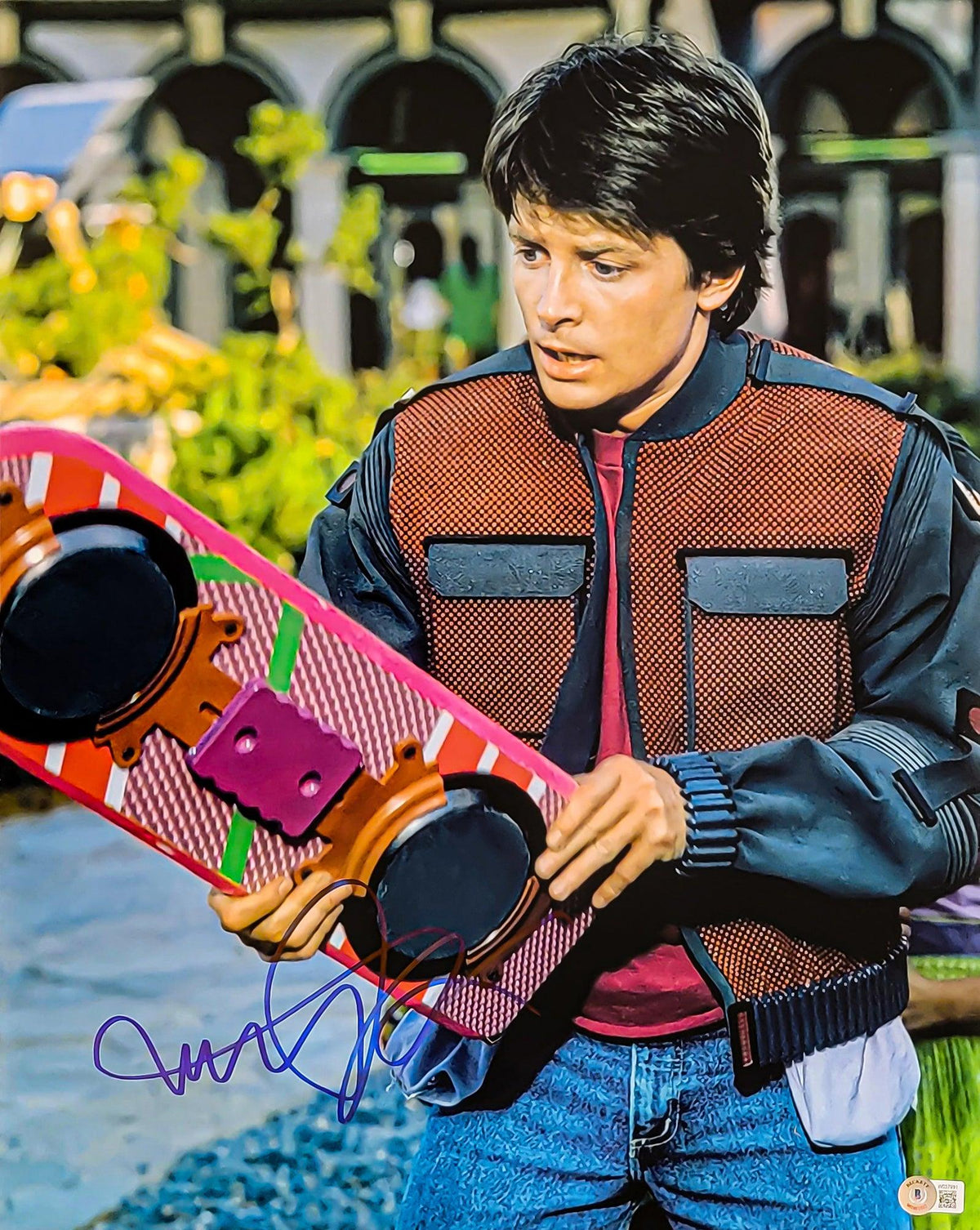 Michael J. Fox Autographed 16x20 Photo Back To The Future Hoverboard Beckett BAS Witness Stock #209146