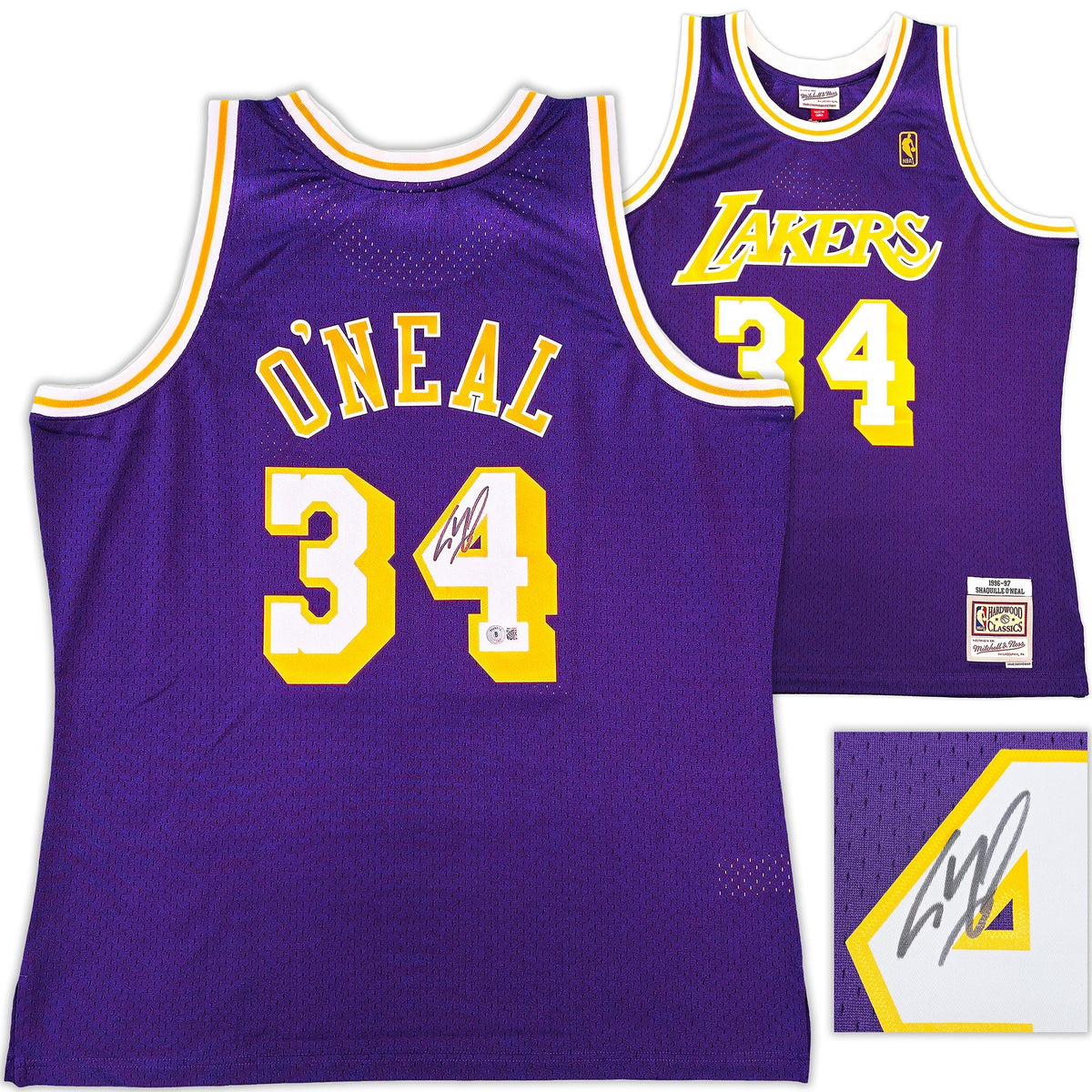 Los Angeles Lakers Shaquille Shaq O'Neal Autographed Purple Authentic Mitchell & Ness 1996-97 HWC Swingman Jersey Size XL Beckett BAS Witness