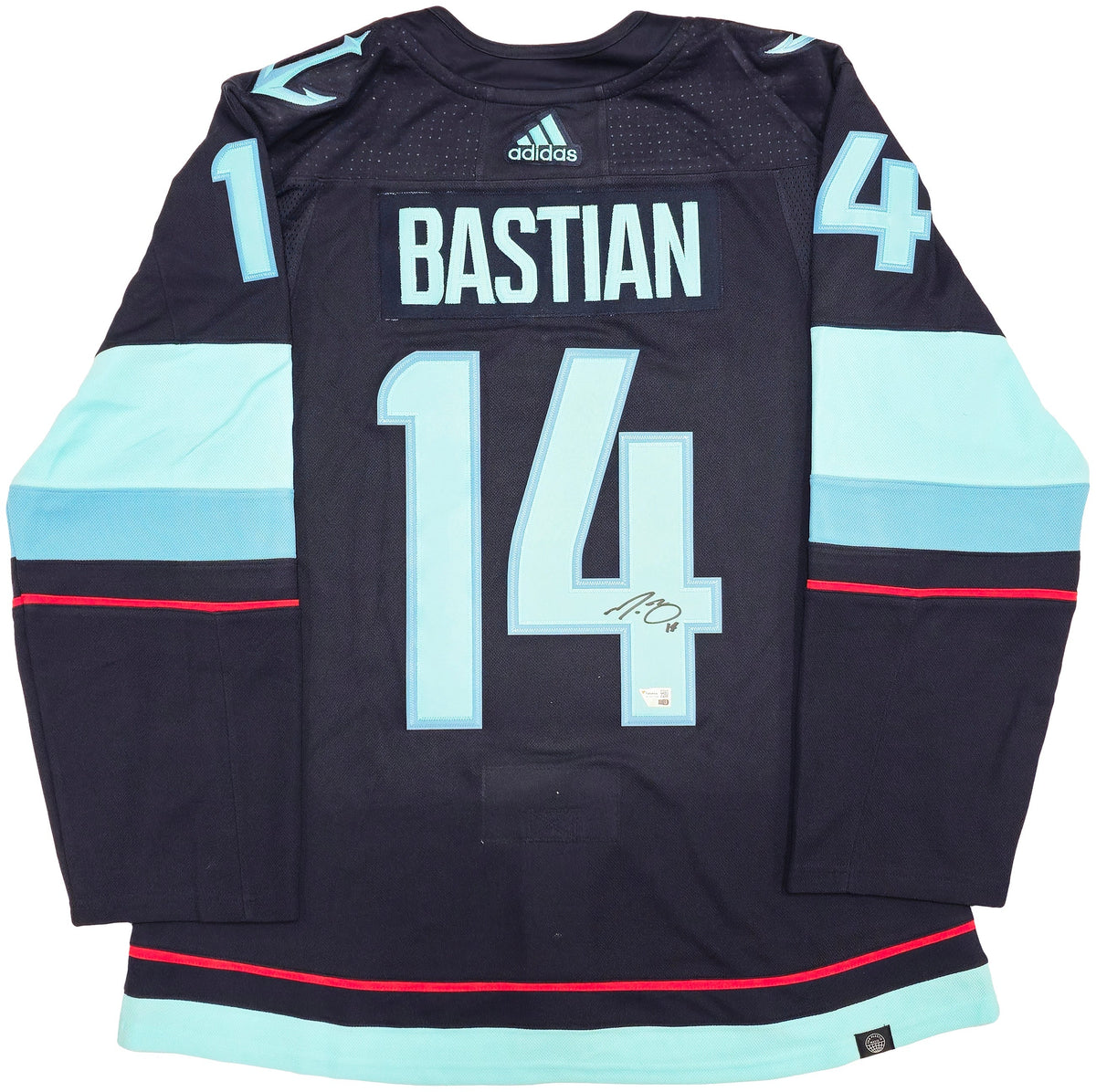Seattle Kraken Nathan Bastian Autographed Blue Adidas Authentic Jersey Size 54 With Inaugural Season Patch Fanatics Holo