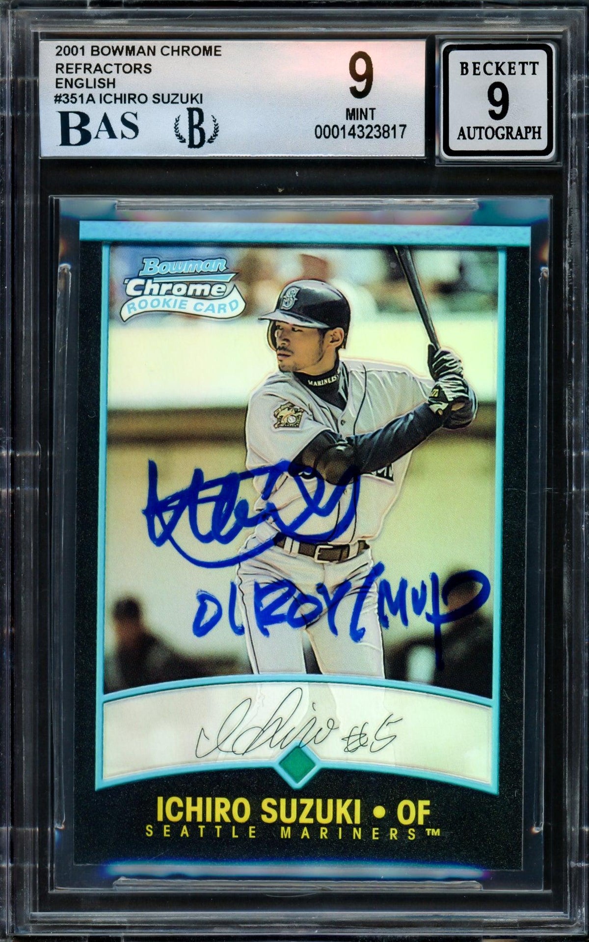 Ichiro Suzuki Autographed 2001 Bowman Chrome Rookie Card #351A Seattle Mariners BGS 9 Auto Grade Mint 9 "01 ROY/MVP" Beckett BAS #14323817