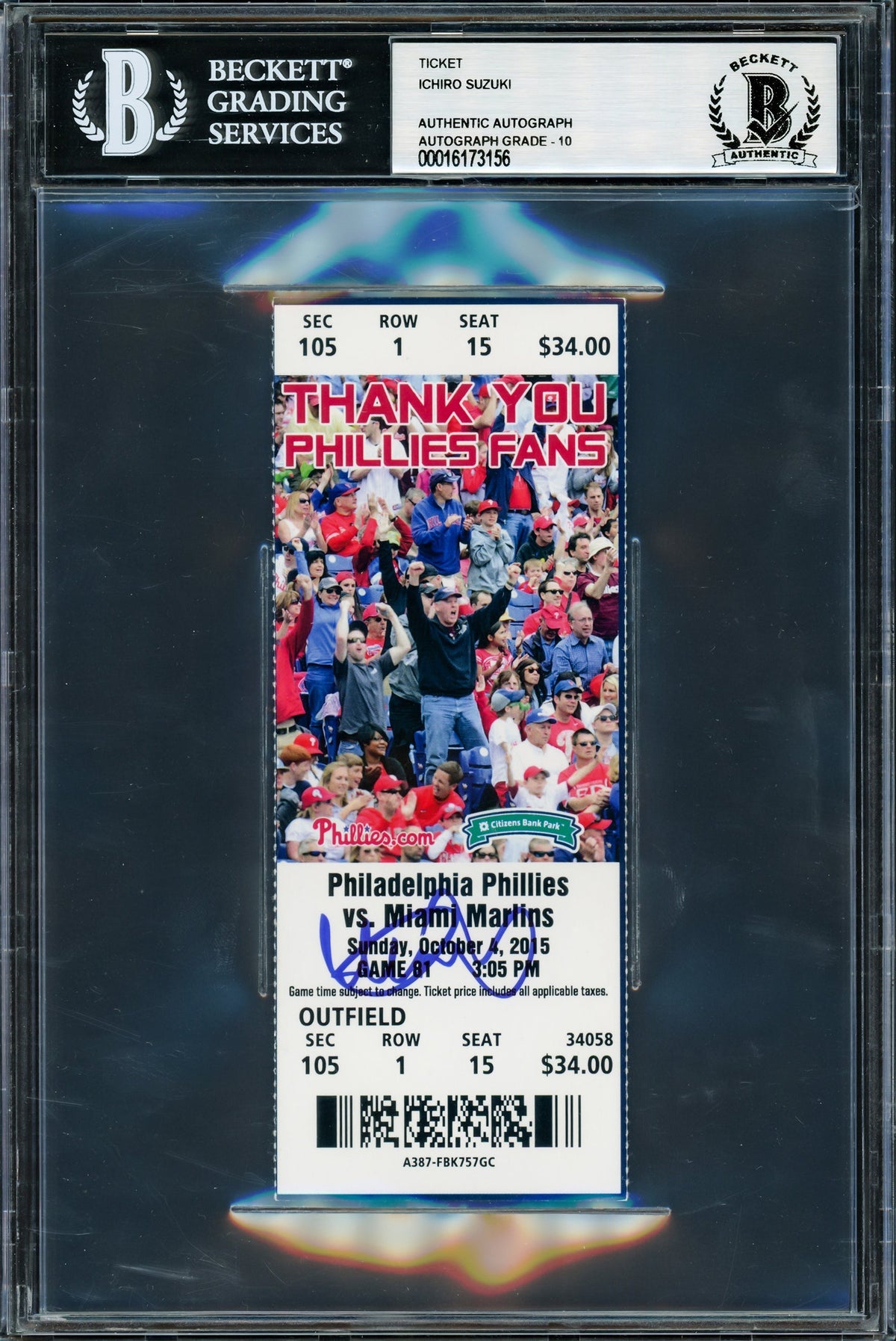 Ichiro Suzuki Autographed October 4th, 2015 MLB Pitching Debut Ticket Seattle Mariners Auto Grade Gem Mint 10 Beckett BAS #16173156