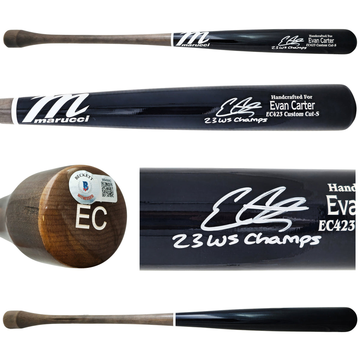 Evan Carter Autographed Navy/Grey Marucci Player Model Bat Texas Rangers "23 WS Champs" Beckett BAS Witness