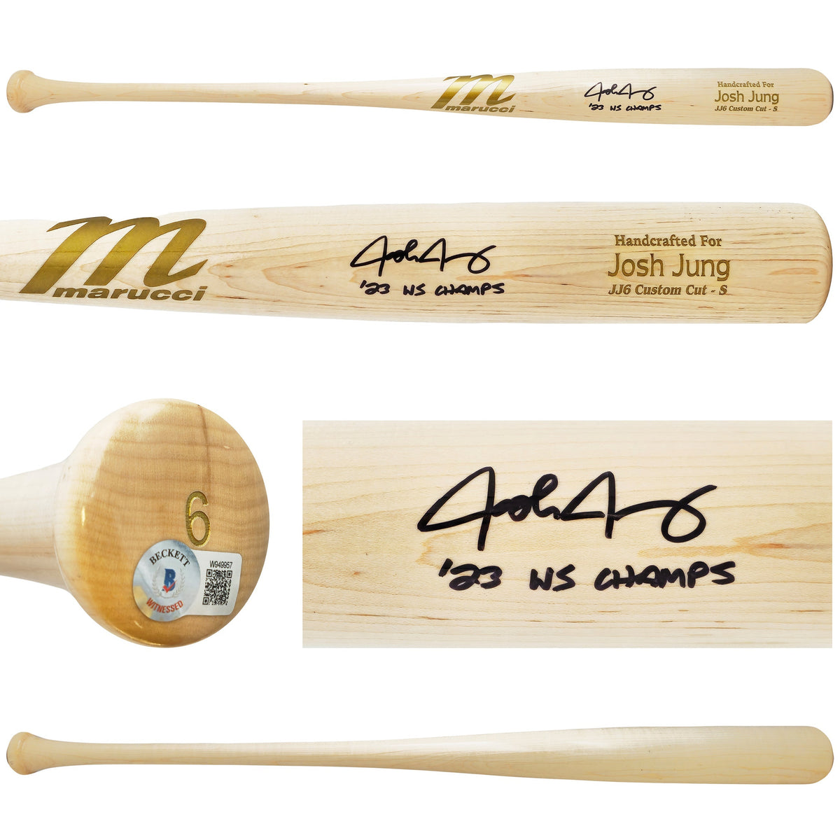Josh Jung Autographed Blonde Marucci Player Model Bat Texas Rangers "23 WS Champs" Beckett BAS Witness