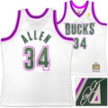 Milwaukee Bucks Ray Allen Autographed White Authentic Mitchell & Ness 1996-97 Ray Allen HWC Swingman Jersey Size L Beckett BAS Witness