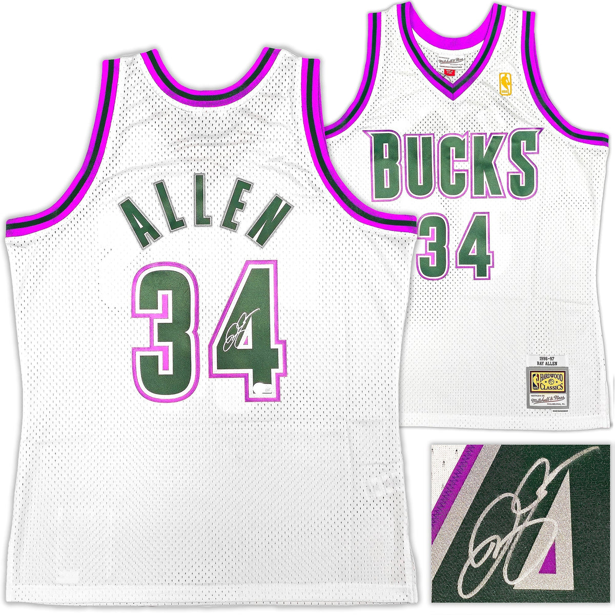 Milwaukee Bucks Ray Allen Autographed White Authentic Mitchell & Ness 1996-97 Ray Allen HWC Swingman Jersey Size L Beckett BAS Witness