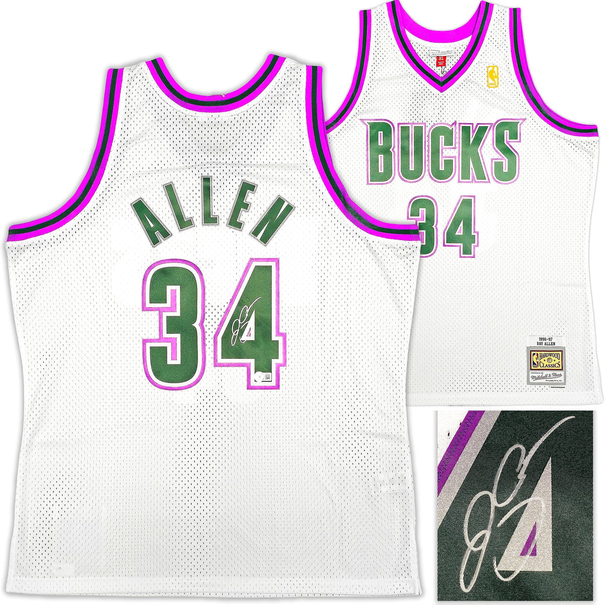 Milwaukee Bucks Ray Allen Autographed White Authentic Mitchell & Ness 1996-97 Ray Allen HWC Swingman Jersey Size XL Beckett BAS Witness