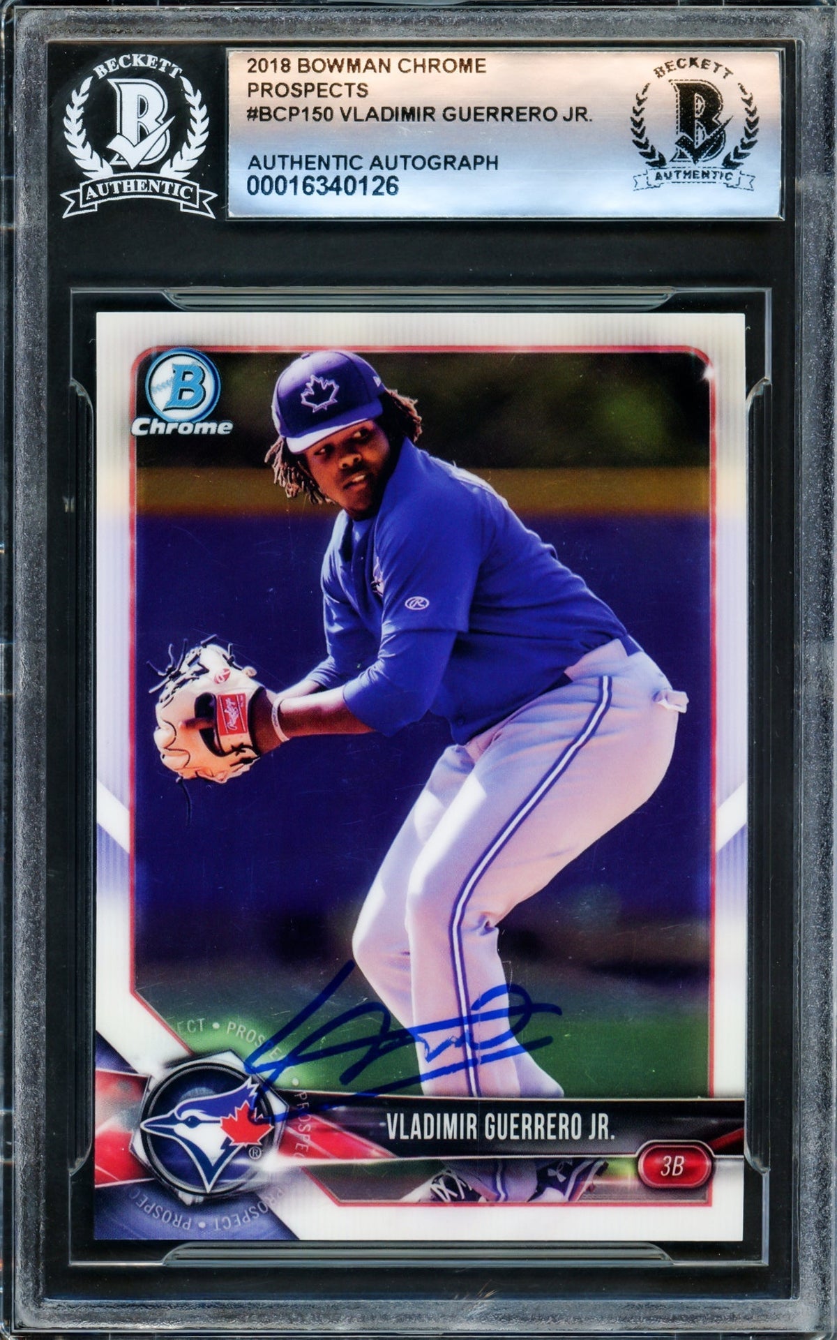 Vladimir Guerrero Jr. Autographed 2018 Bowman Chrome Rookie Card #BCP150 Toronto Blue Jays Beckett BAS