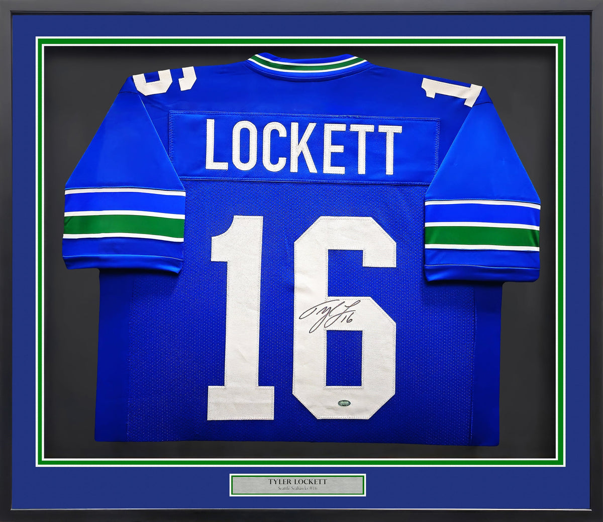 Seattle Seahawks Tyler Lockett Autographed Framed Blue Throwback Jersey MCS Holo