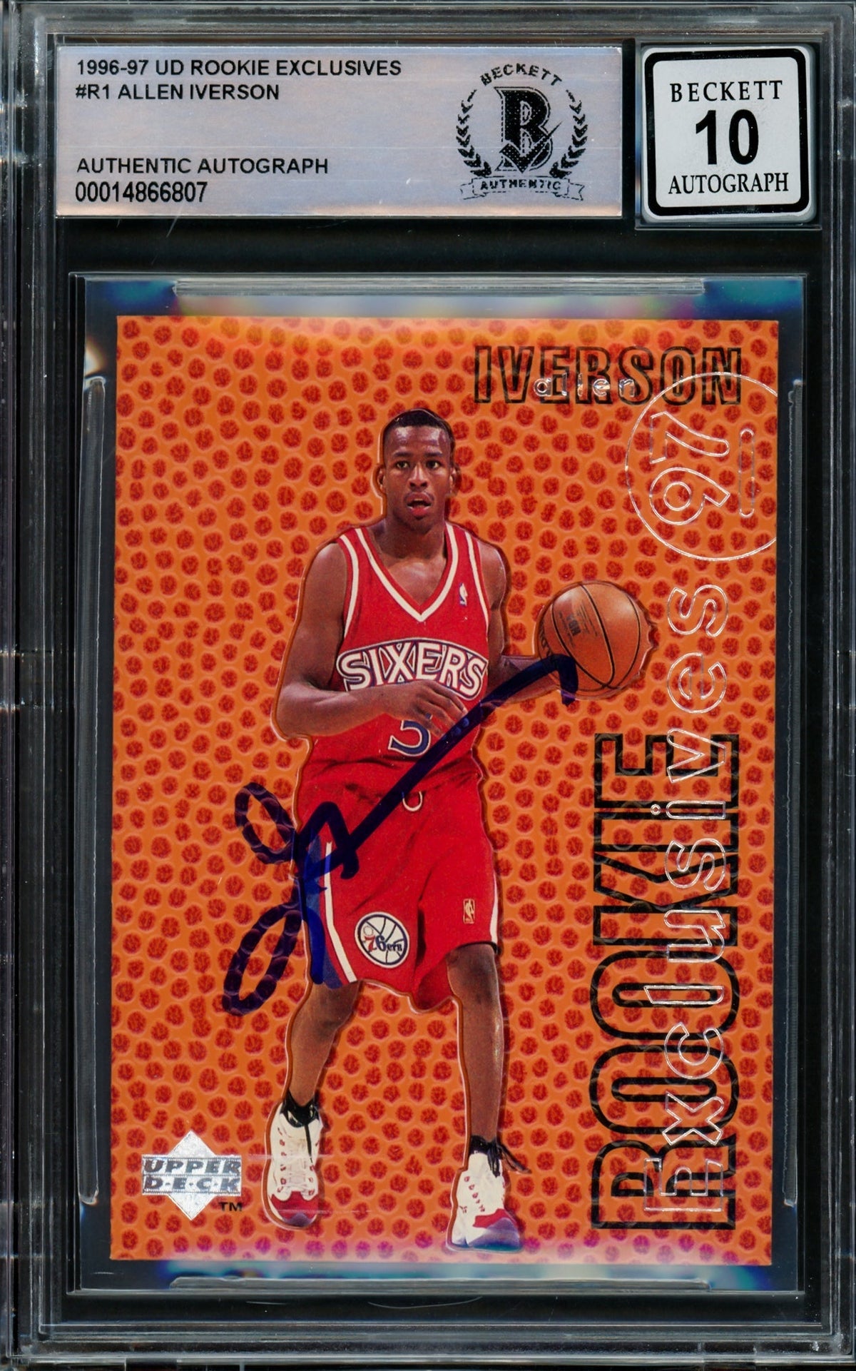 Allen Iverson Autographed 1996-97 Upper Deck Rookie Exclusives Rookie Card #R1 Philadelphia 76ers Auto Grade Gem Mint 10 Beckett BAS #14866807