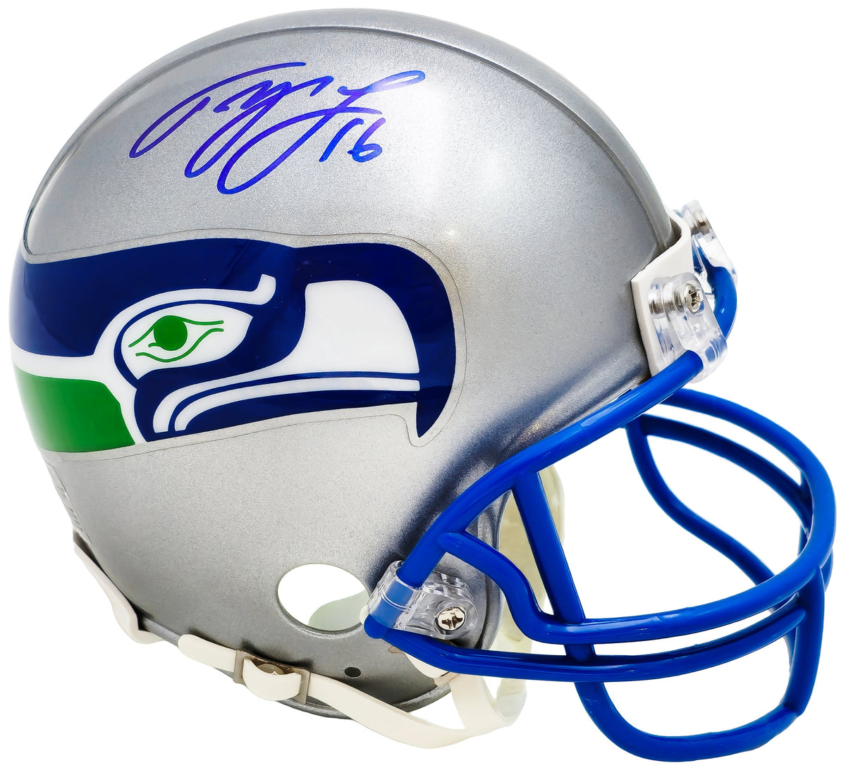 Tyler Lockett Autographed Seattle Seahawks 1983-2001 Silver Throwback Speed Mini Helmet MCS Holo