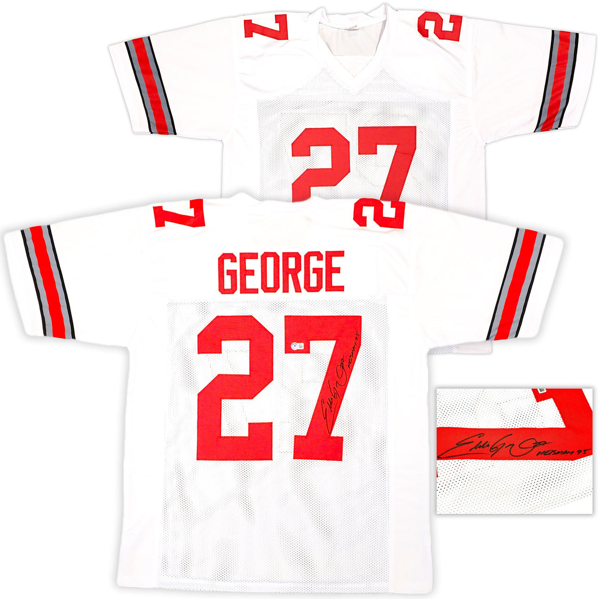 Ohio State Buckeyes Eddie George Autographed White Jersey "Heisman 1995" Beckett BAS Witness