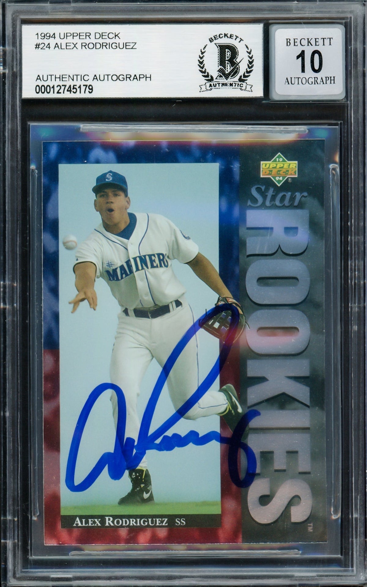 Alex Rodriguez Autographed 1994 Upper Deck Rookie Card #24 Seattle Mariners Auto Grade Gem Mint 10 Beckett BAS Stock #211221