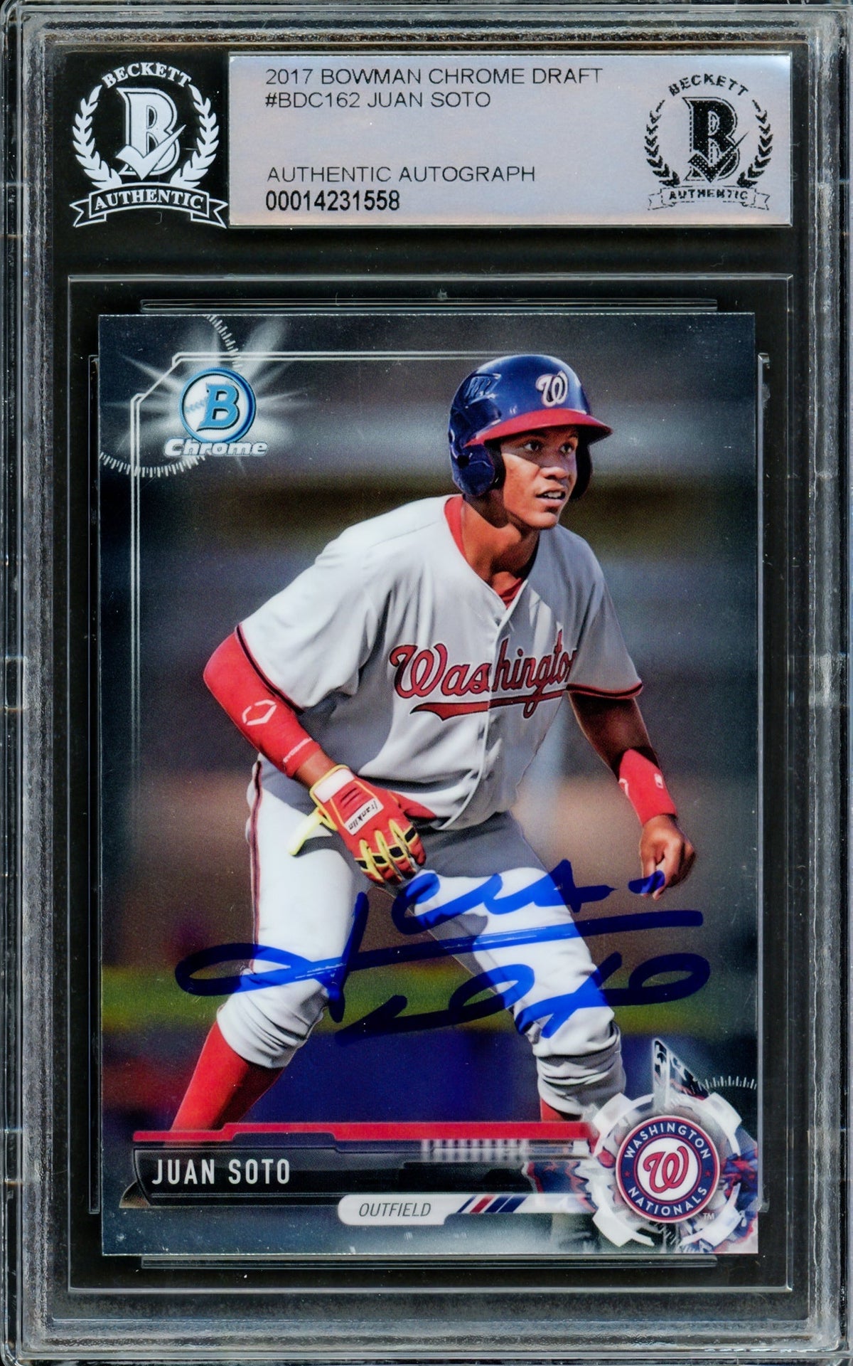 Juan Soto Autographed 2017 Bowman Chrome Draft Rookie Card #BDC162 Washington Nationals Beckett BAS Stock #211229