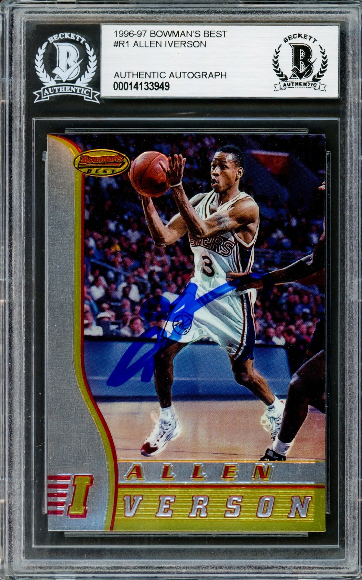 Allen Iverson Autographed 1996-97 Bowman's Best Rookie Card #R1 Philadelphia 76ers Beckett BAS Stock #211230