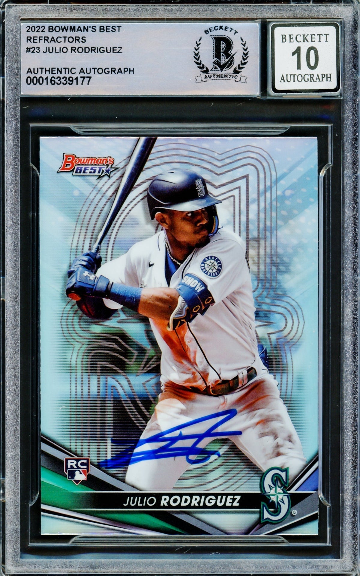 Julio Rodriguez Autographed 2022 Bowman's Best Refractors Rookie Card #23 Seattle Mariners Auto Grade Gem Mint 10 Beckett BAS #16339177