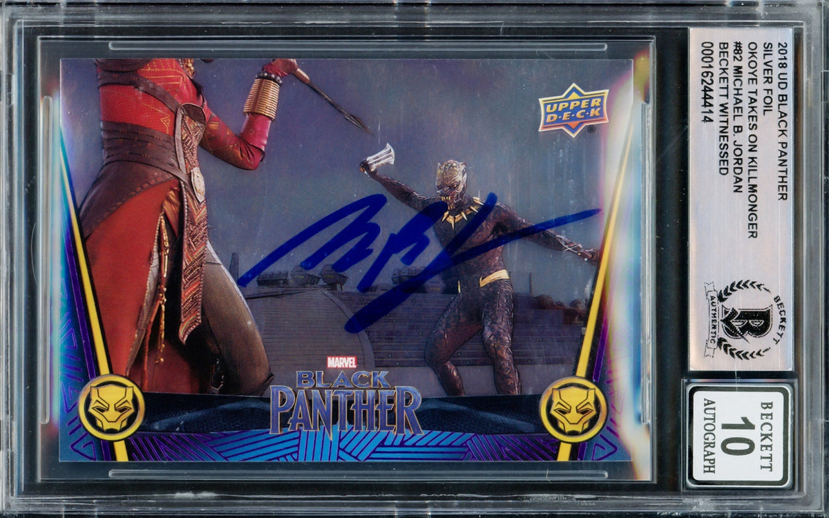Michael B. Jordan Autographed 2018 Upper Deck Black Panther Silver Foil Card #82 Marvel Auto Grade Gem Mint 10 Okoye Takes on KillMonger Beckett BAS