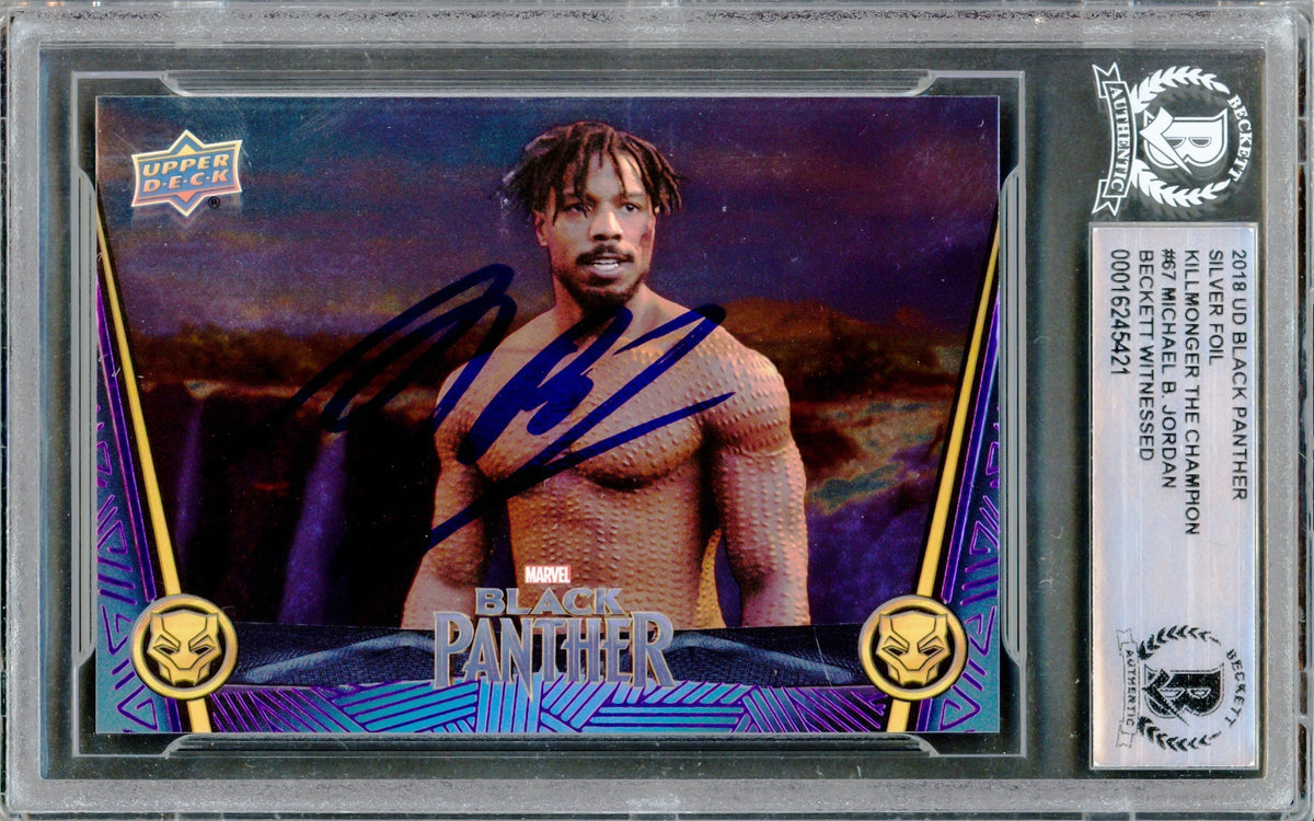 Michael B. Jordan Autographed 2018 Upper Deck Black Panther Silver Foil Card #67 Marvel Okoye Takes on KillMonger Beckett BAS