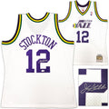 Utah Jazz John Stockton Autographed White Authentic Mitchell & Ness 1991-92 Hardwood Classic Swingman Jersey Size XL Beckett BAS Witness