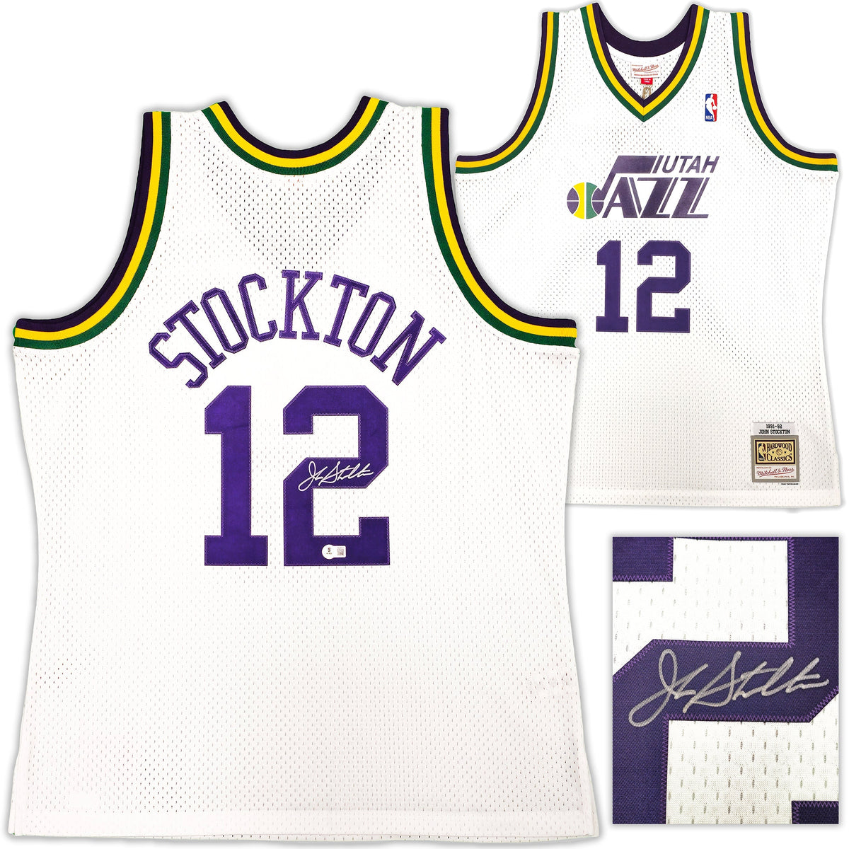 Utah Jazz John Stockton Autographed White Authentic Mitchell & Ness 1991-92 Hardwood Classic Swingman Jersey Size XL Beckett BAS Witness
