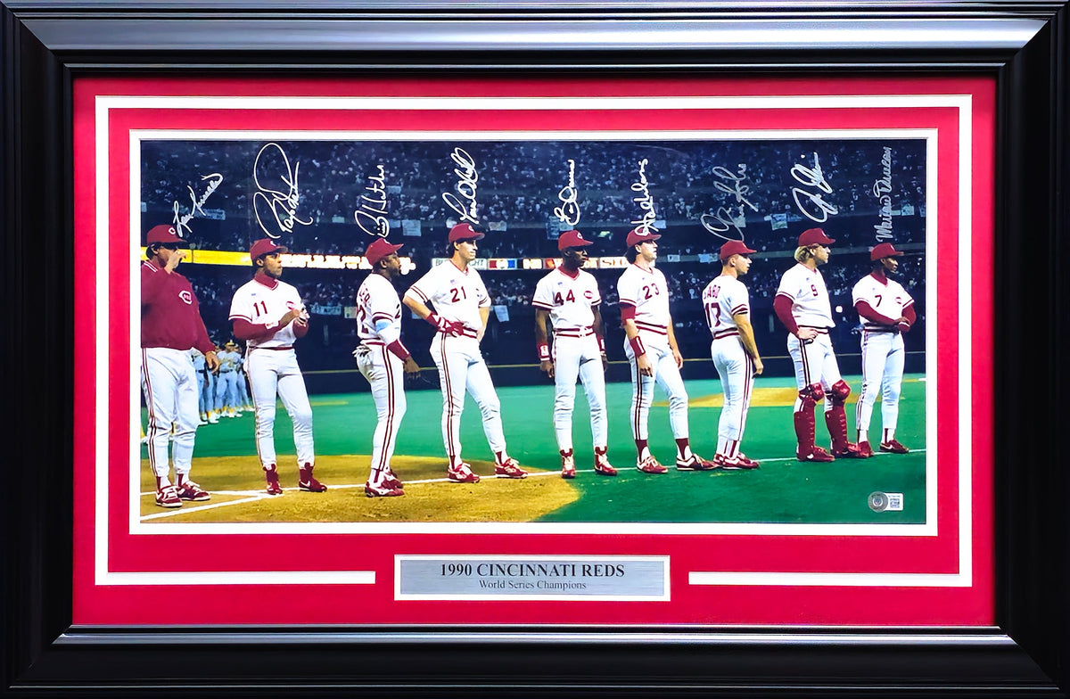 1990 Cincinnati Reds Team Autographed Framed 12x24 Panoramic Photo Cincinnati Reds With 9 Signatures Including Barry Larkin & Lou Piniella Beckett BAS