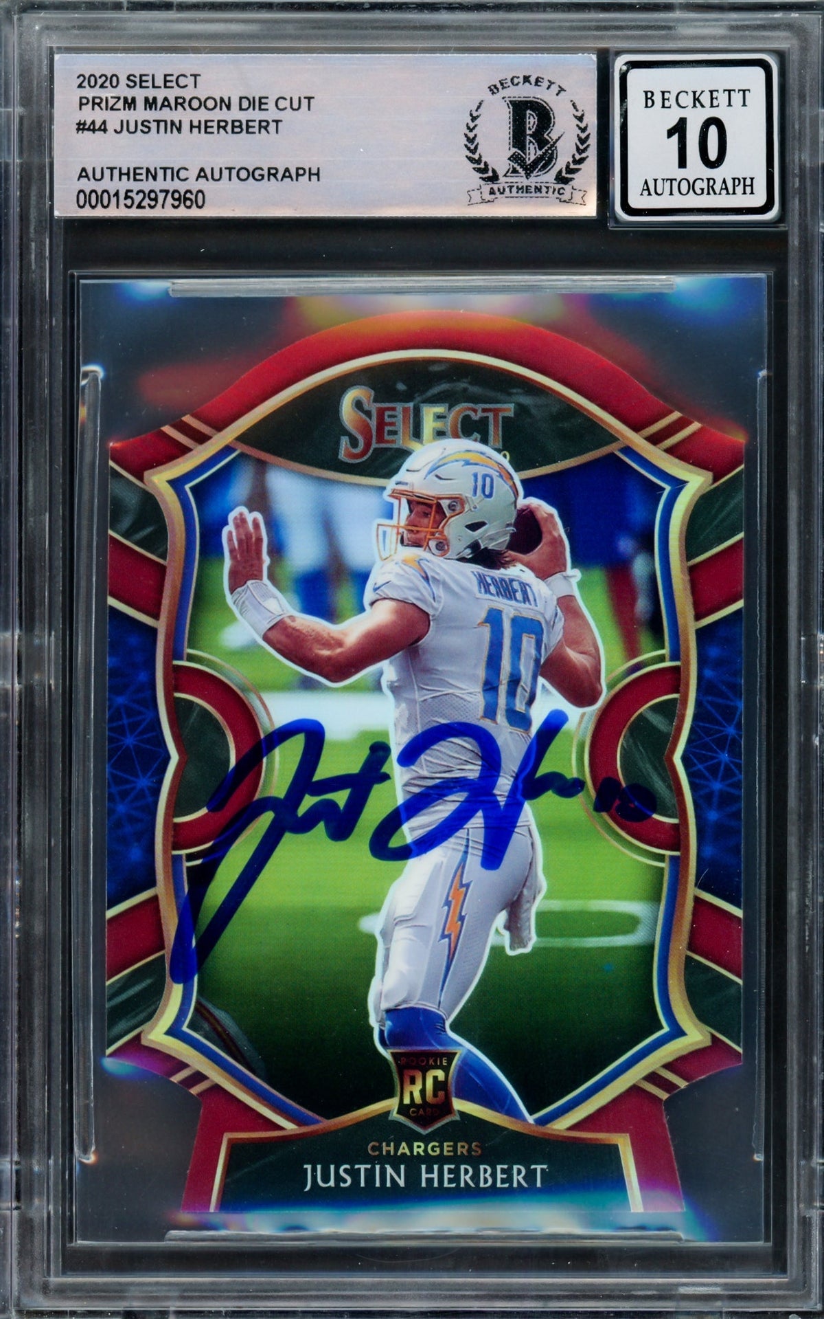 Justin Herbert Autographed 2020 Select Prizm Maroon Die Cut Rookie Card #44 Los Angeles Chargers Auto Grade Gem Mint 10 Beckett BAS #15297960
