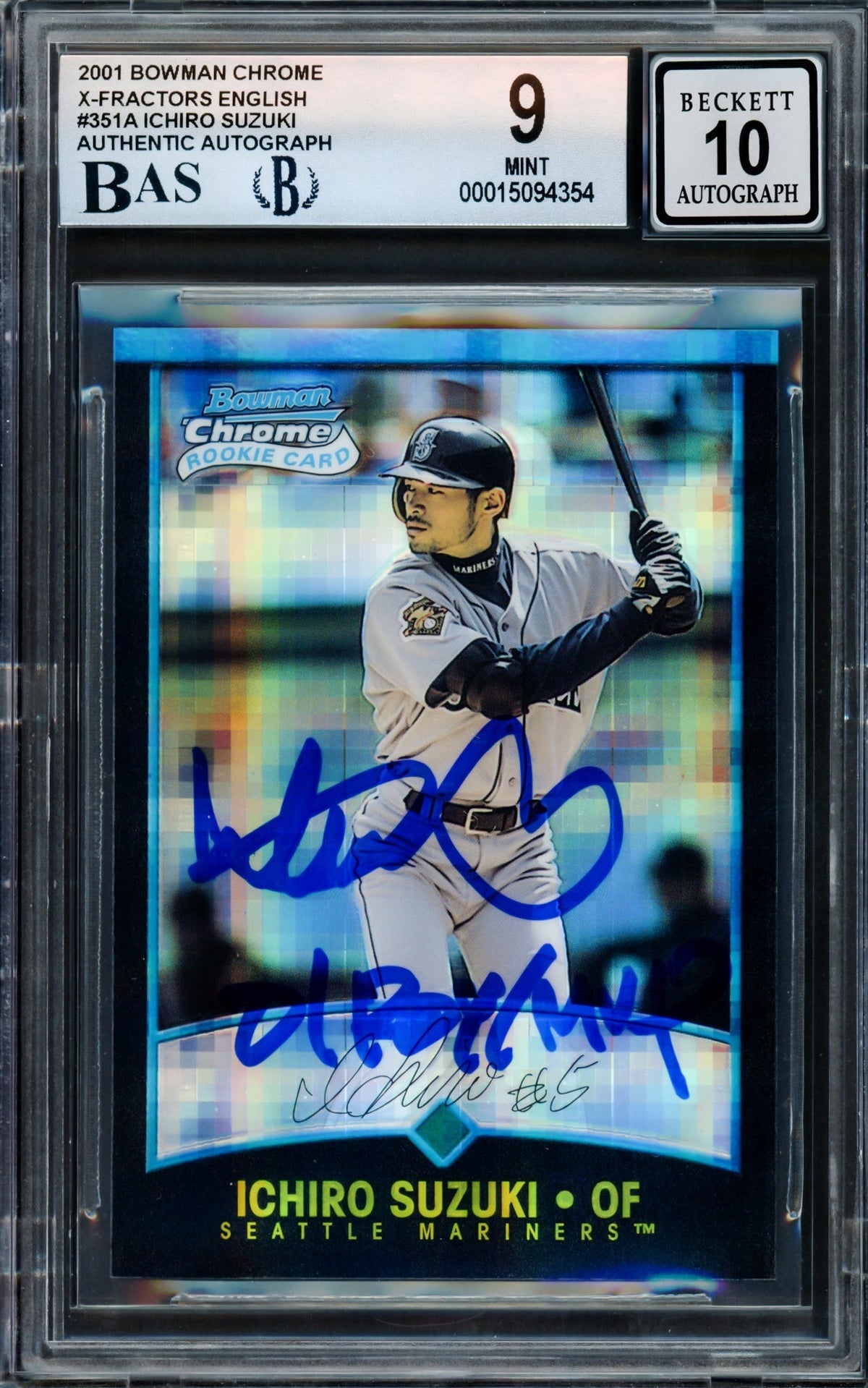 Ichiro Suzuki Autographed 2001 Bowman Chrome X-Fractors English Rookie Card #351A Seattle Mariners BGS 9 Auto Grade Gem Mint 10 "01 ROY/MVP" Beckett BAS #15094354