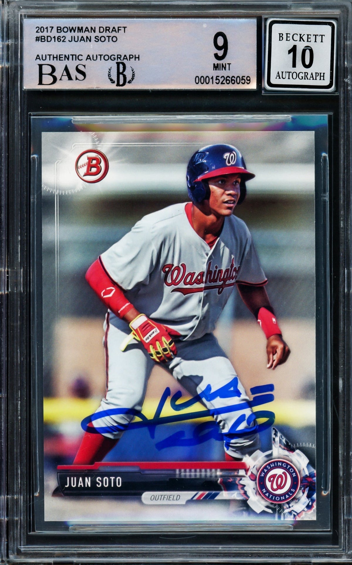 Juan Soto Autographed 2017 Bowman Draft Rookie Card #BD162 Washington Nationals BGS 9 Auto Grade Gem Mint 10 Beckett BAS Stock #211849