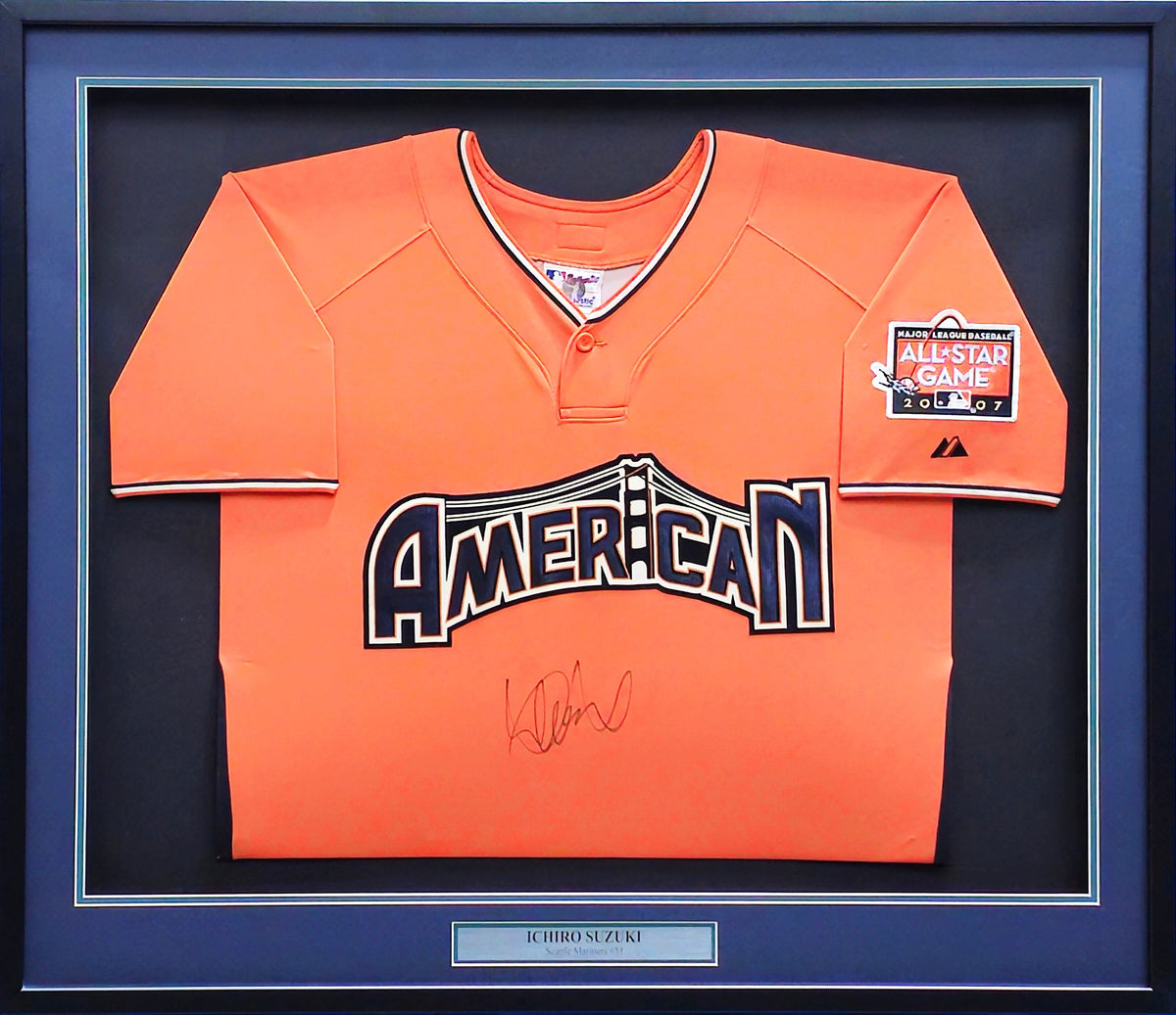 Seattle Mariners Ichiro Suzuki Autographed Framed Orange Majestic 2007 All Star Game Jersey IS Holo