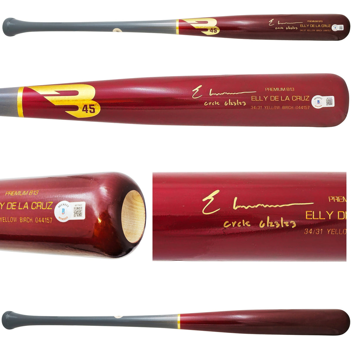 Elly De La Cruz Autographed Red B45 Player Model Baseball Bat Cincinnati Reds "Cycle 6/23/23" Beckett BAS Witness