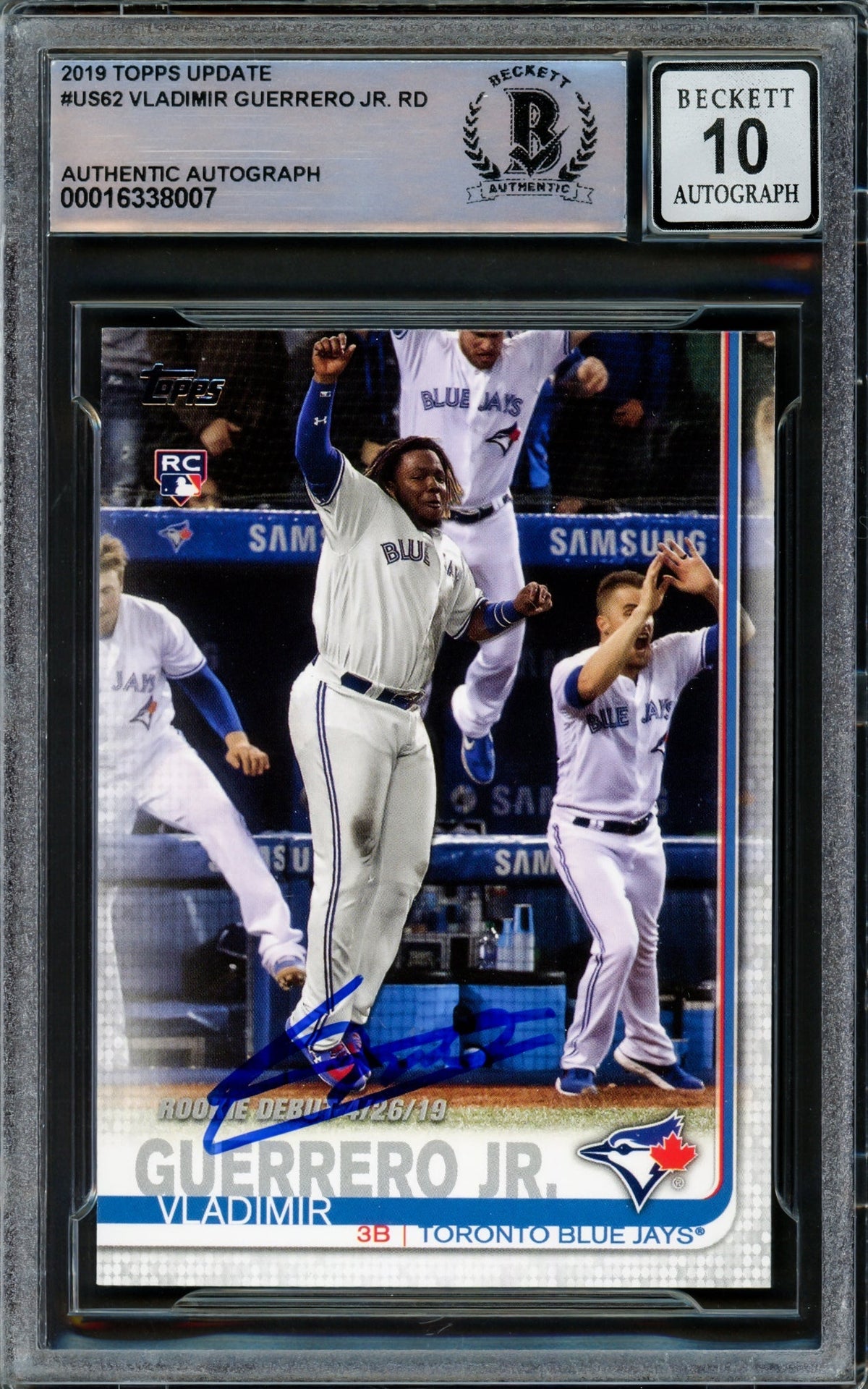 Vladimir Guerrero Jr. Autographed 2019 Topps Update Rookie Card #US62 Toronto Blue Jays Auto Grade Gem Mint 10 Beckett BAS