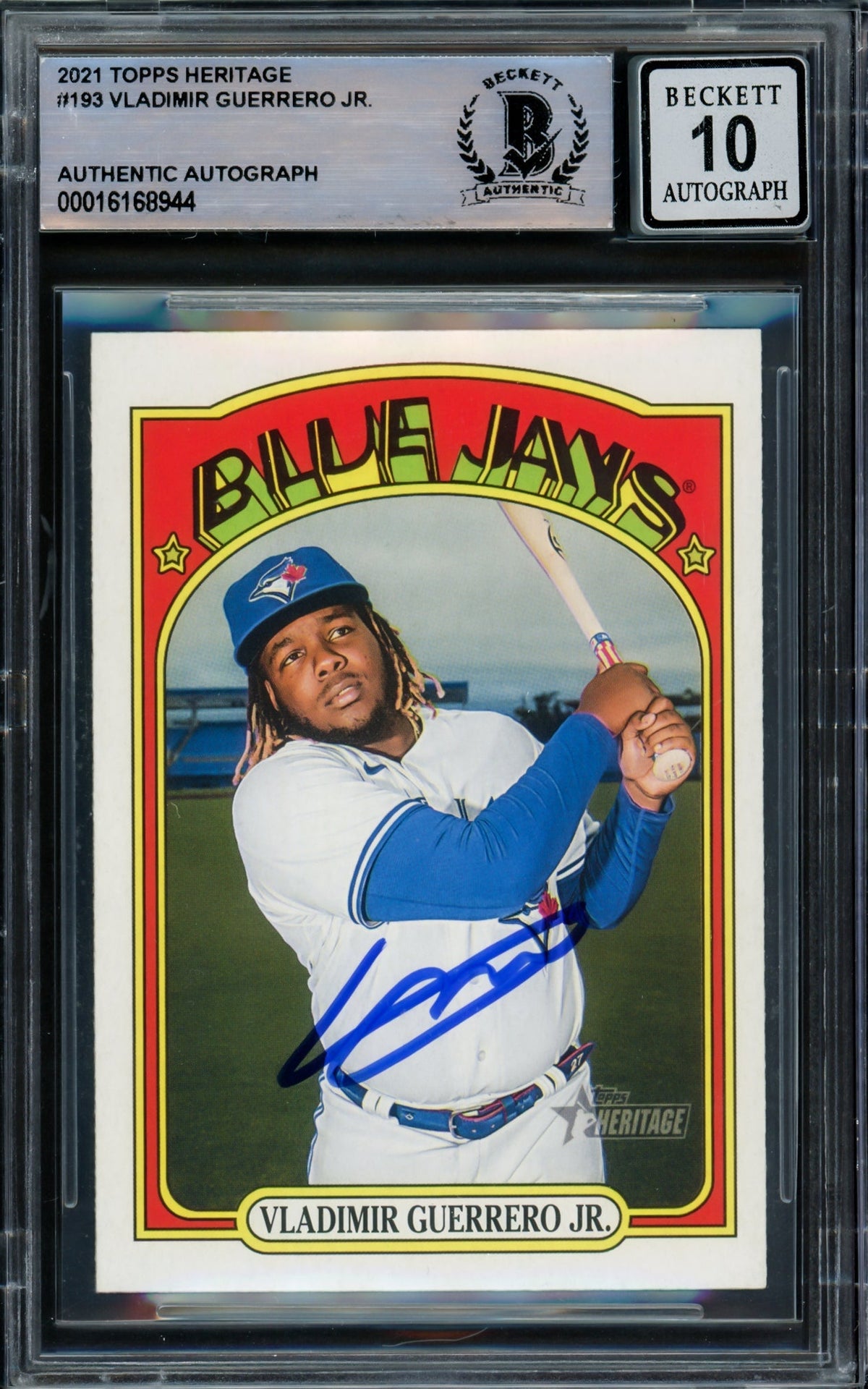 Vladimir Guerrero Jr. Autographed 2021 Topps Heritage Card #193 Toronto Blue Jays Auto Grade Gem Mint 10 Beckett BAS #16168944