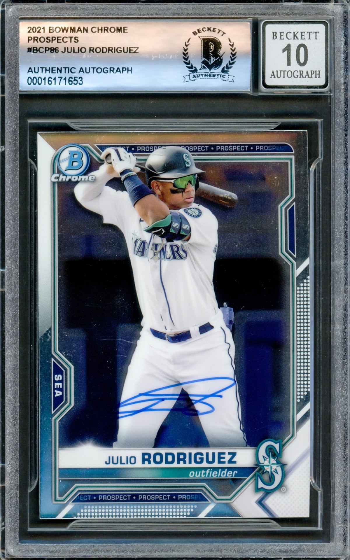Julio Rodriguez Autographed 2021 Bowman Chrome Prospects Rookie Card #BCP86 Seattle Mariners Auto Grade Gem Mint 10 Beckett BAS #16171653