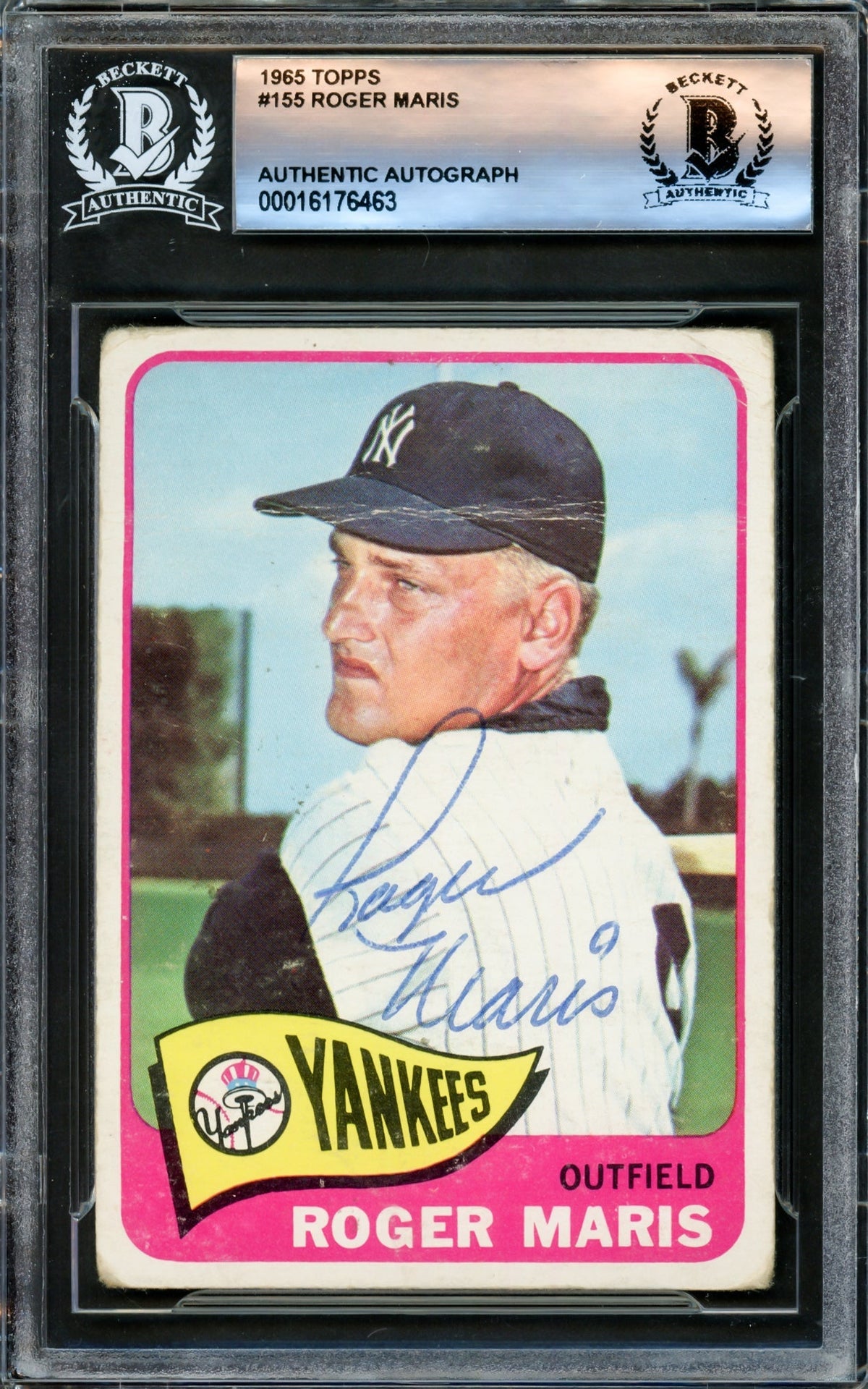 Roger Maris Autographed 1965 Topps Card #155 New York Yankees Beckett BAS #16176463
