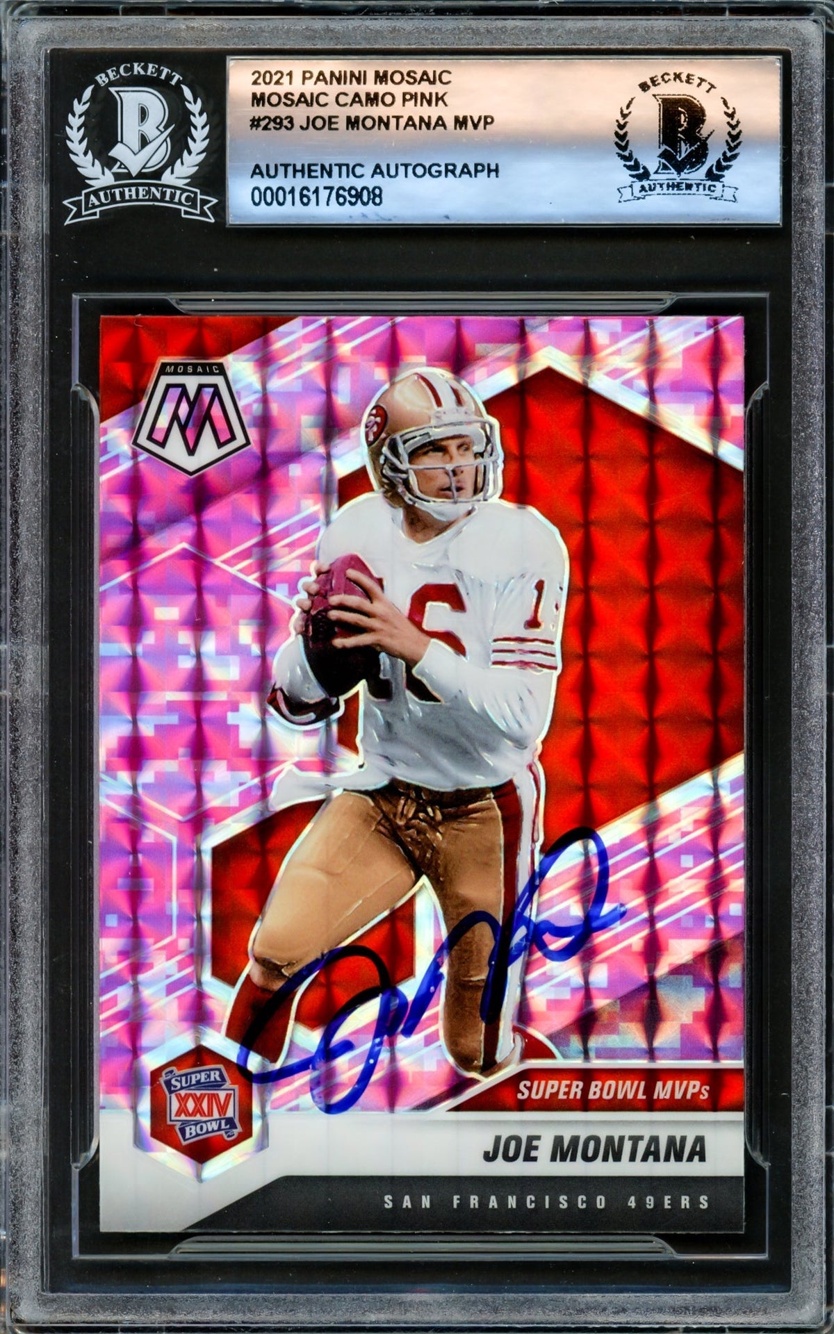 Joe Montana Autographed 2021 Panini Mosaic Prizm Camo Pink Card #293 San Francisco 49ers Beckett BAS #16176908