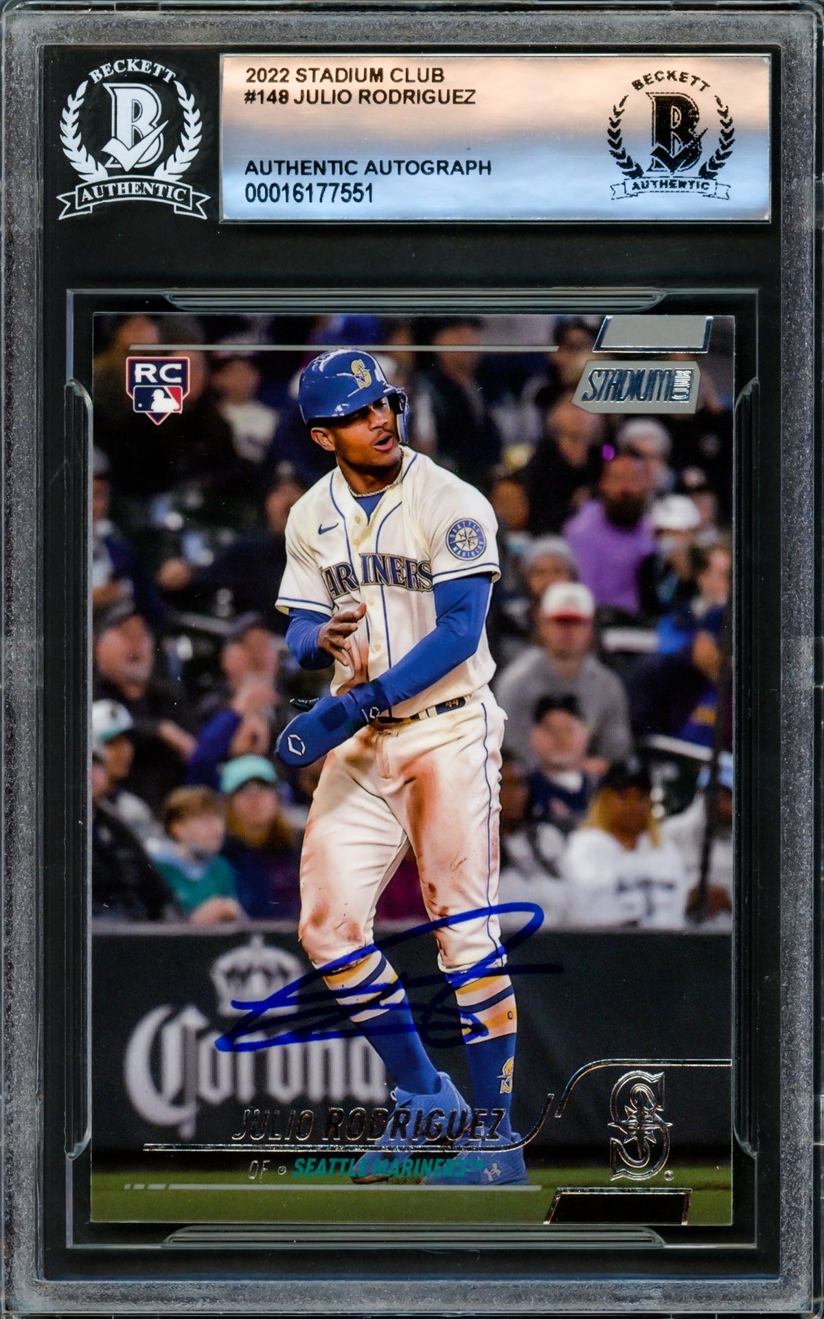 Julio Rodriguez Autographed 2022 Stadium Club Rookie Card #148 Seattle Mariners Beckett BAS #16177551