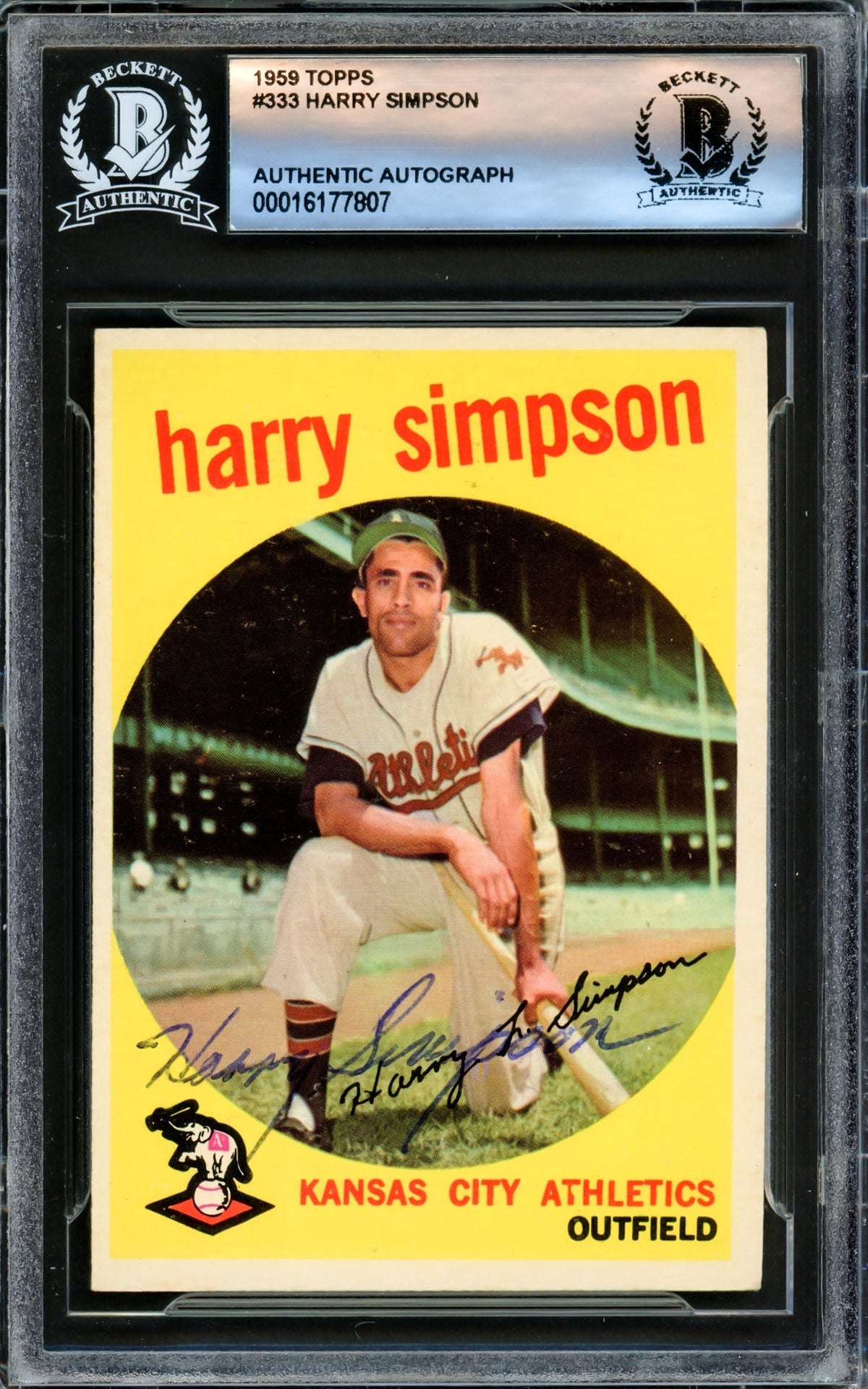 Harry Simpson Autographed 1959 Topps Card #333 Kansas City A's Beckett BAS #16177807
