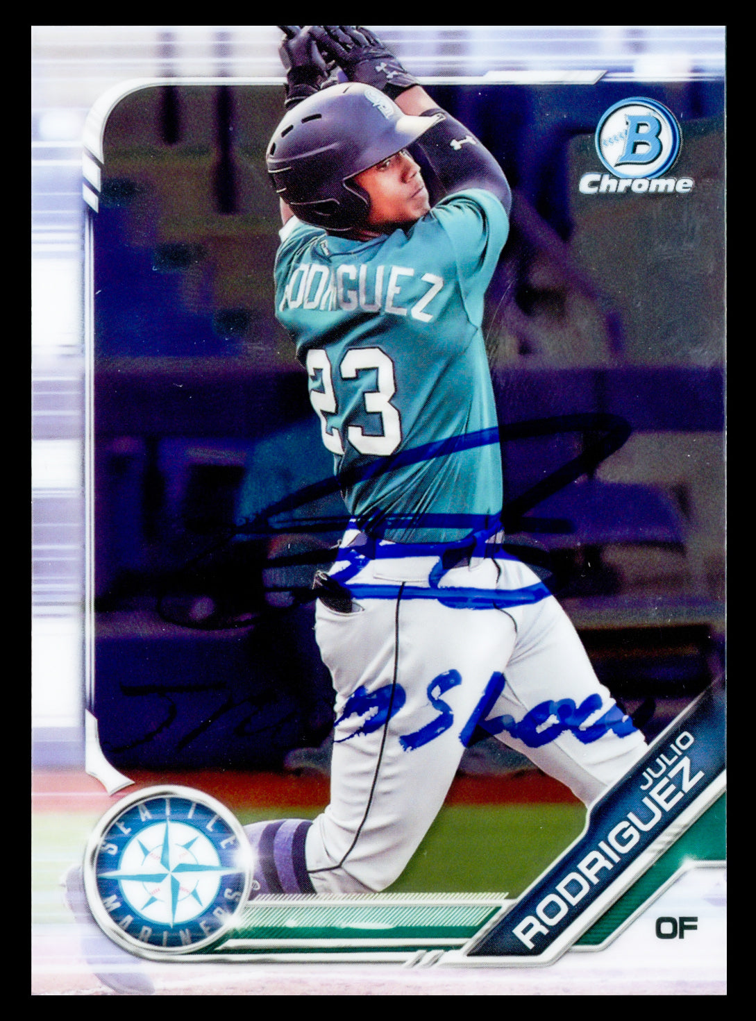 Julio Rodriguez Autographed 2019 Bowman Chrome Draft Card Seattle Mariners "JROD Show" Beckett BAS Witness #WW54127