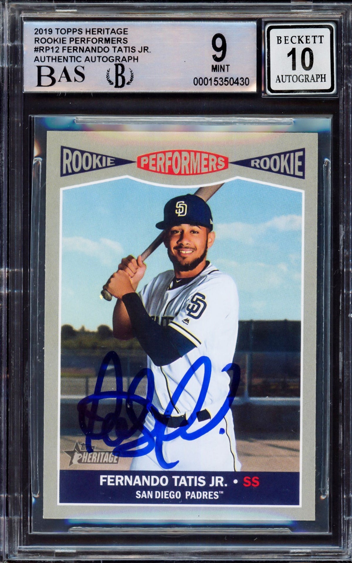 Fernando Tatis Jr. Autographed 2019 Topps Heritage Rookie Performers Rookie Card #RP-12 San Diego Padres BGS 9 Auto Grade Gem Mint 10 Beckett BAS #15350430