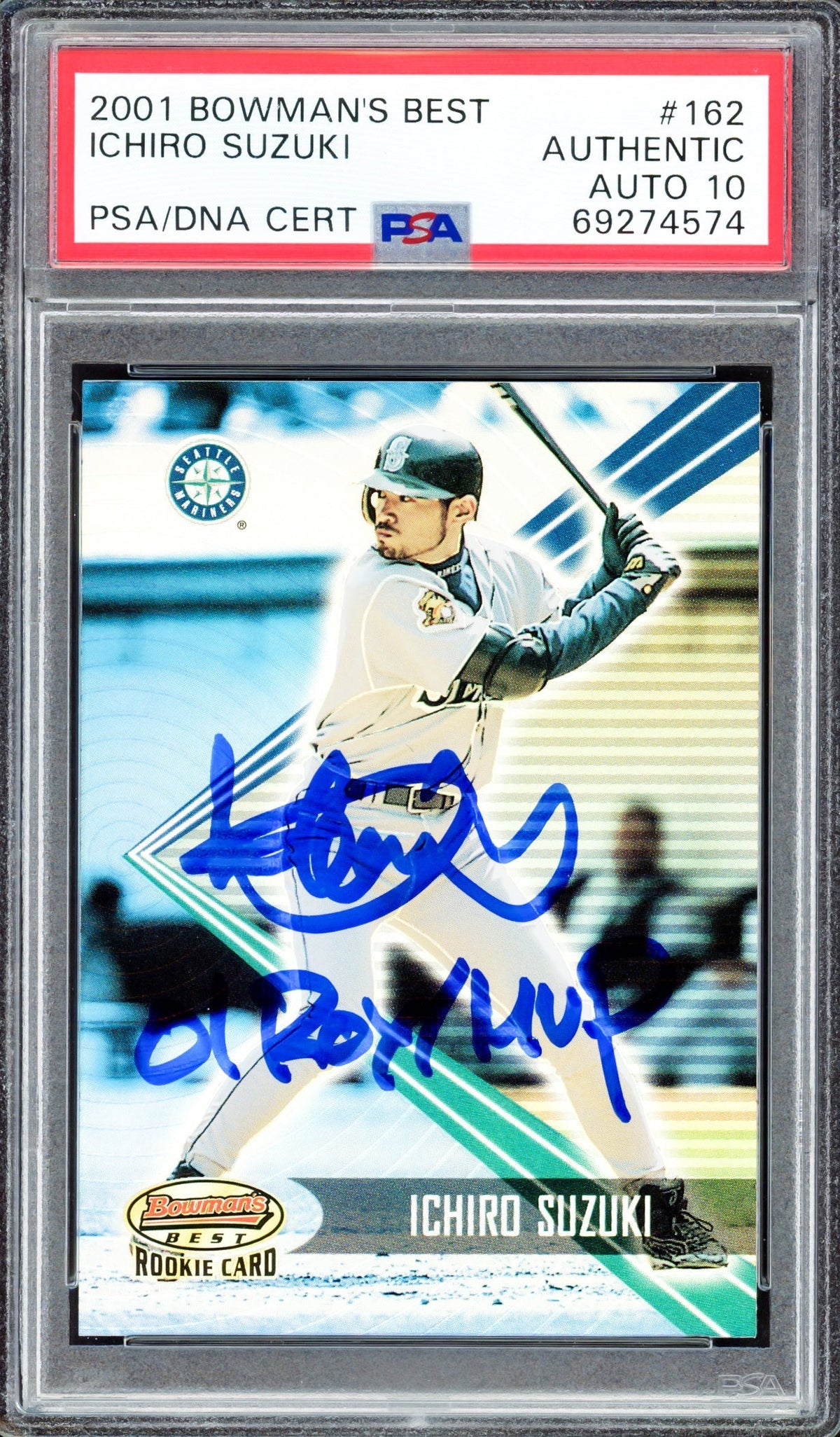 Ichiro Suzuki Autographed 2001 Bowman's Best Rookie Card #162 Seattle Mariners "01 ROY/MVP" #2671/2999 PSA/DNA #69274574