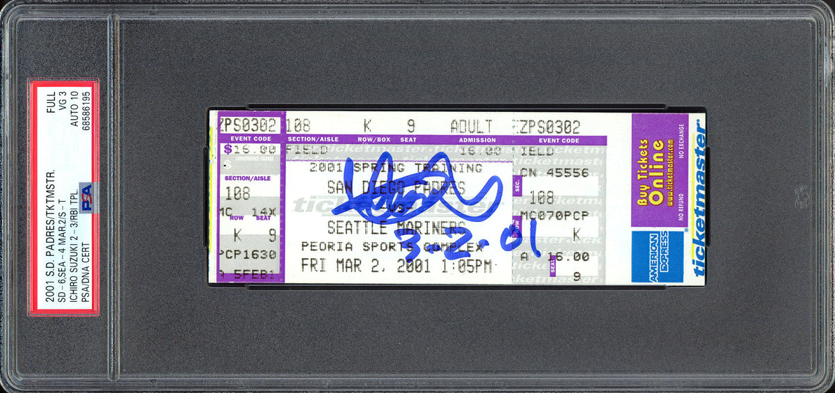 Ichiro Suzuki Autographed March 2nd, 2001 Spring Training Ticket Stub Seattle Mariners PSA 3 Auto Grade Gem Mint 10 "3-2-01" PSA/DNA #68586195