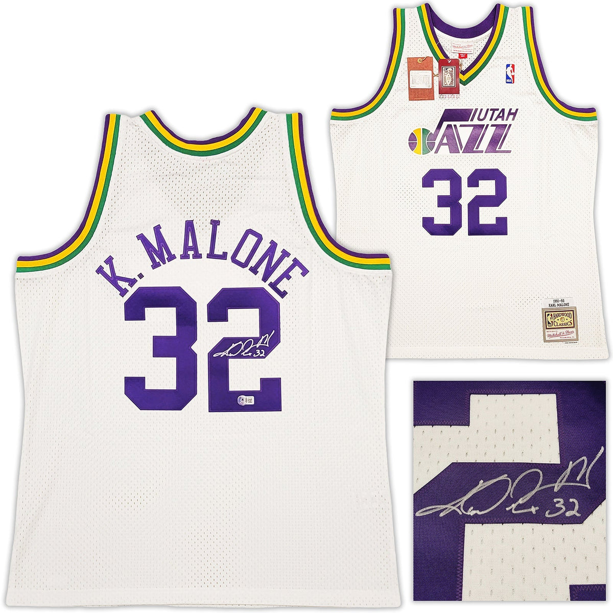 Utah Jazz Karl Malone Autographed White & Purple Authentic Mitchell & Ness Jersey Size XL Beckett BAS Stock #211875
