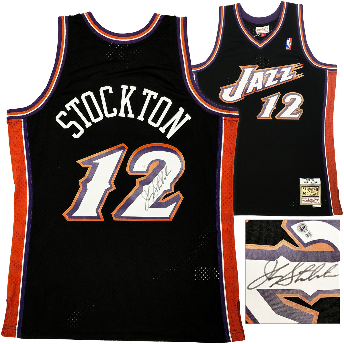 Utah Jazz John Stockton Autographed Black Authentic Mitchell & Ness 1998-99 Hardwood Classic Swingman Jersey Size L Beckett BAS Witness