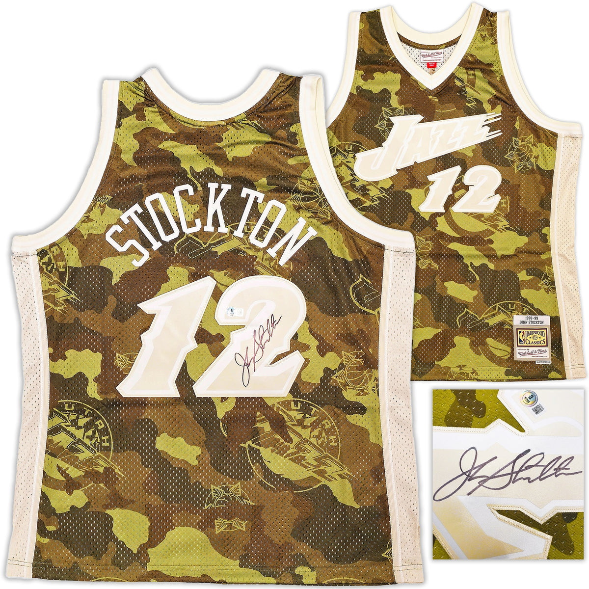 Utah Jazz John Stockton Autographed Green Authentic Mitchell & Ness 1998-99 Hardwood Classic Swingman Ghost Camo Jersey Size XL Beckett BAS Witness