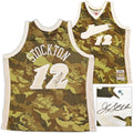 Utah Jazz John Stockton Autographed Green Authentic Mitchell & Ness 1998-99 Hardwood Classic Swingman Ghost Camo Jersey Size XXL Beckett BAS Witness