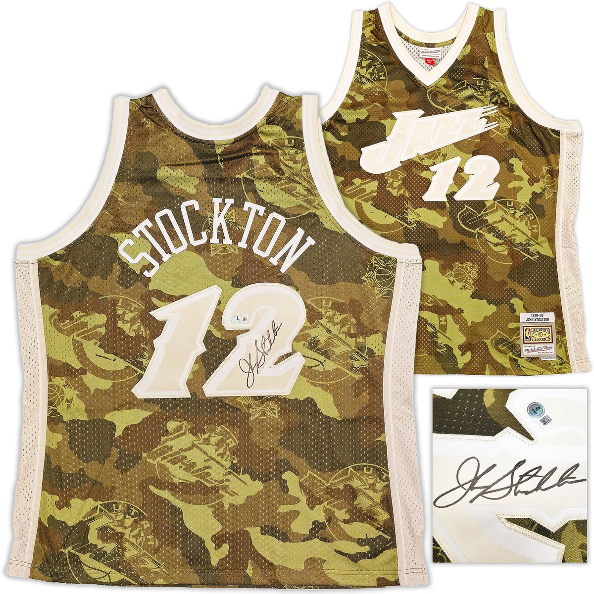 Utah Jazz John Stockton Autographed Green Authentic Mitchell & Ness 1998-99 Hardwood Classic Swingman Ghost Camo Jersey Size XXL Beckett BAS Witness